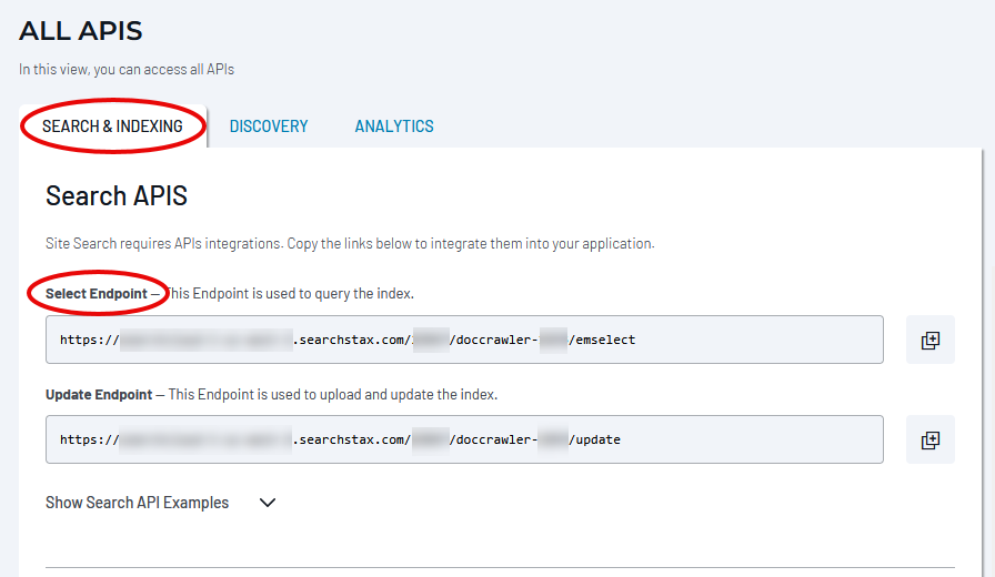 Navigation panel showing Search & Indexing APIs with Select and Update endpoints for querying and modifying the search index.