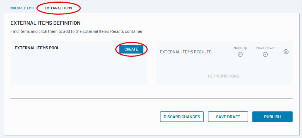 External Items tab with Create button and empty External Items Results container for adding promotion items.