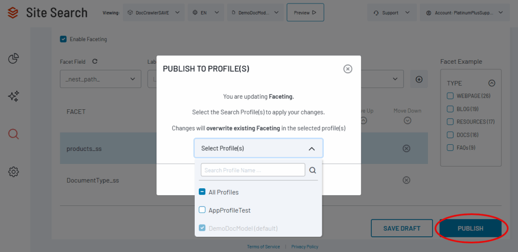 Publish to Profile(s) dialog showing faceting changes with profile selection options and All Profiles checked.