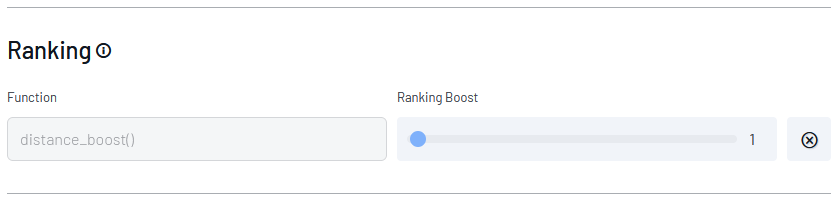 Ranking boost configuration panel with distance_boost function set to a boost value of 1.