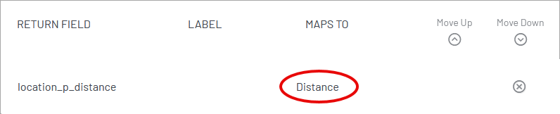 Field mapping configuration showing location_p_distance mapped to the Distance label.