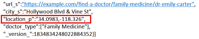 JSON response showing location coordinates highlighted in the location_p field with latitude and longitude values.