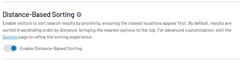 Distance-Based Sorting toggle control with description of how proximity sorting orders search results by location.