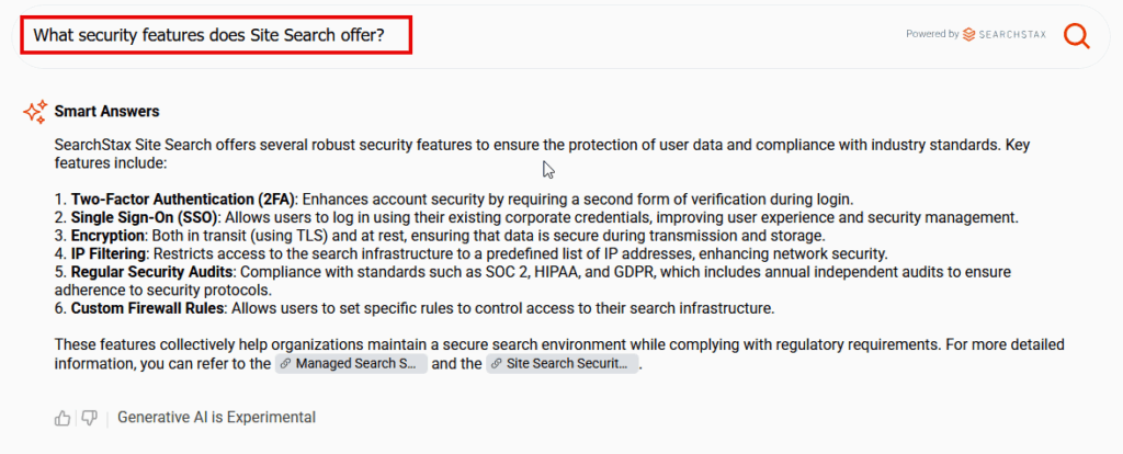 SearchStax Site Search security features including two-factor authentication, single sign-on, encryption, IP filtering, regular security audits, and cus...