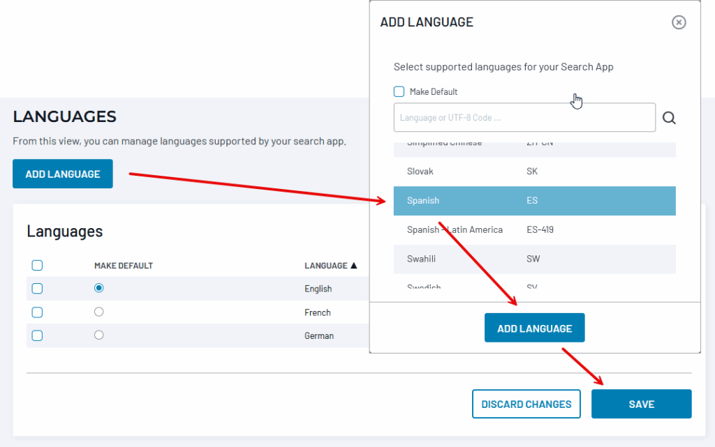 The Add Language window for selecting supported languages in a search app, with Spanish highlighted and an Add Language button to confirm the selection.