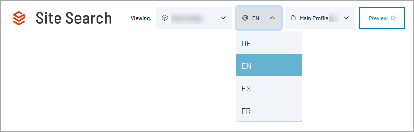 Language selection dropdown showing German, English (selected), Spanish, and French options in the Site Search interface.
