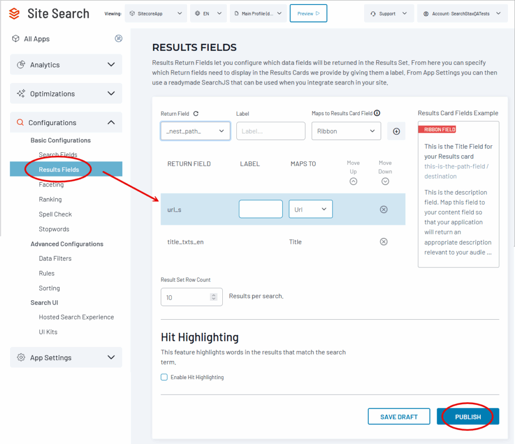 Results Fields configuration panel showing return field mappings with labels and example results card display.