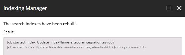 Indexing Manager dialog showing successful search index rebuild with job details and processing status.