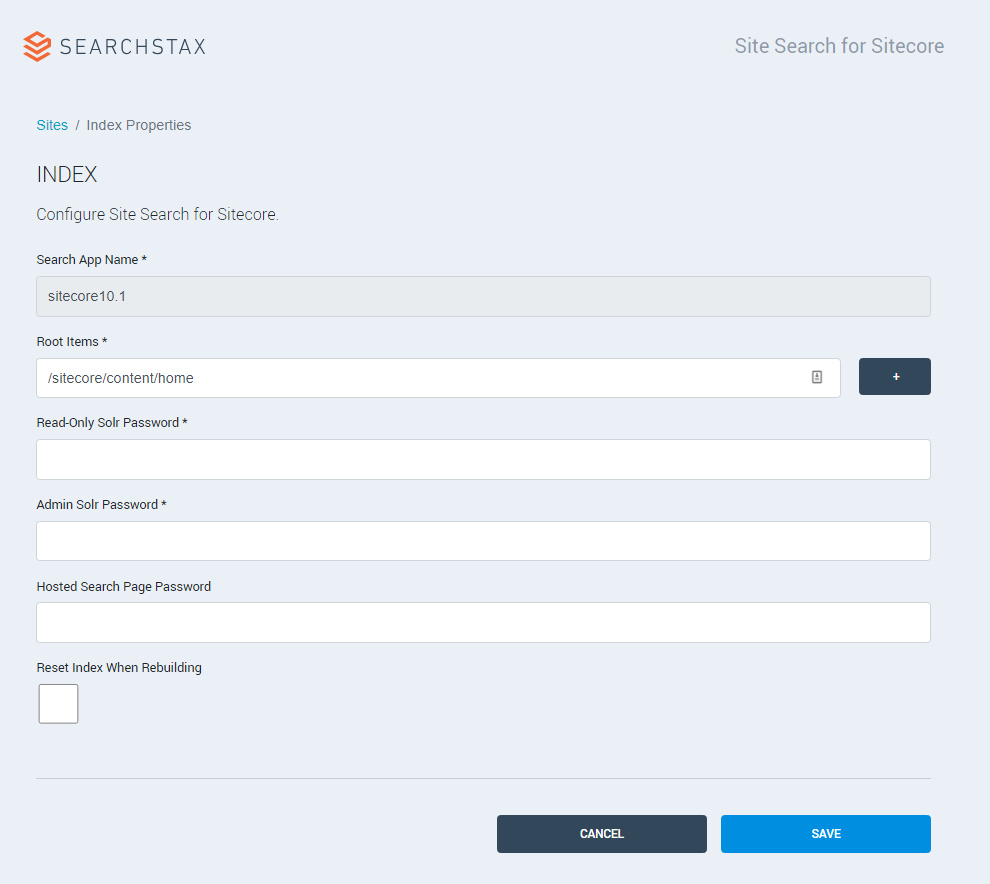 Configuration form for Site Search for Sitecore index settings with Search App Name, Root Items, and Solr password fields.