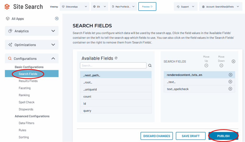 Site Search configuration panel showing Available Fields on the left and Search Fields on the right with options to move fields between containers.