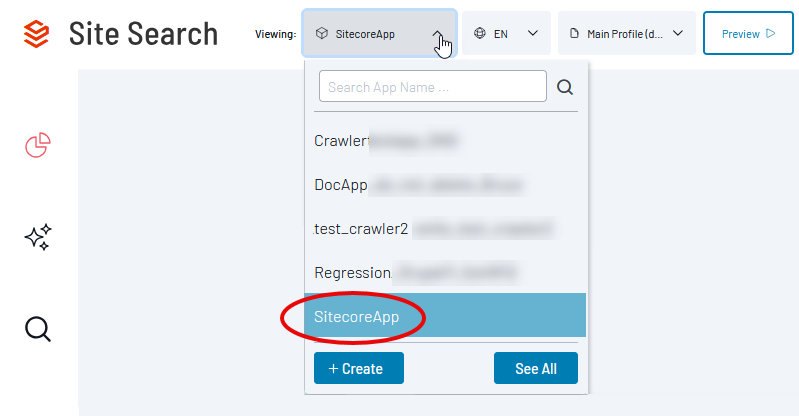 Application selection dropdown menu highlighting the SitecoreApp option with Create and See All action buttons.