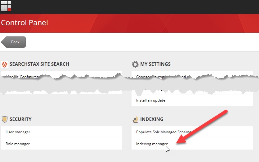 Control Panel dashboard displaying Searchstax Site Search and My Settings sections with Security and Indexing categories listed below.