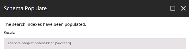 Schema Populate dialog confirming successful indexing with result 