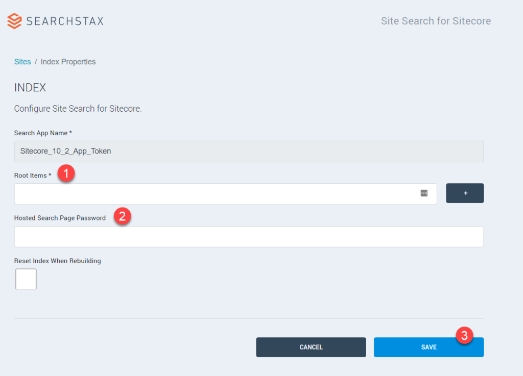 The Index Properties configuration form for Site Search for Sitecore with fields for Search App Name, Root Items, and Hosted Search Page Password.
