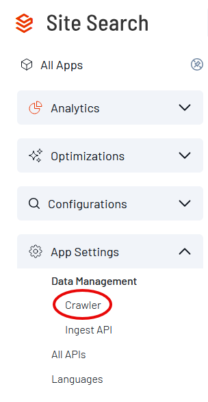 Navigation menu showing the Crawler option selected under App Settings and Data Management.