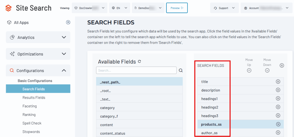 Search Fields configuration interface showing available fields like title, description, and headings that can be selected for search functionality.