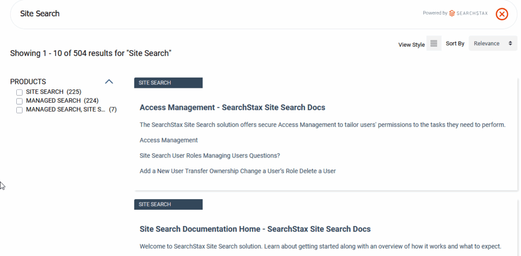 Search results page showing Site Search documentation with access management and user roles content filtered from 504 total results.