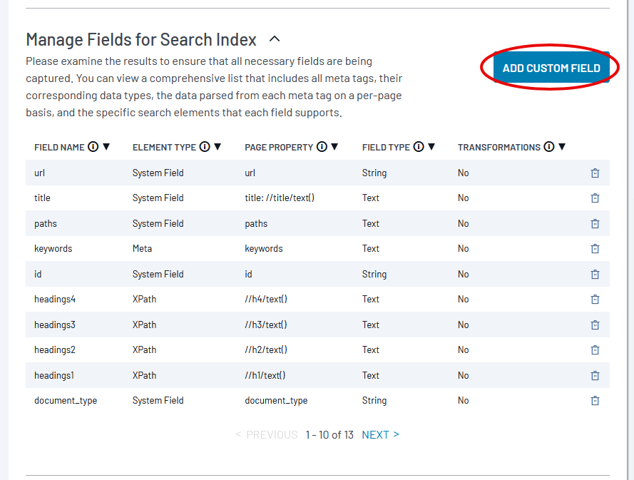 Search index configuration showing field mappings with system and custom fields like URL, title, headings. Add Field button highlighted