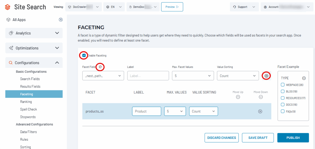 Faceting configuration panel shows fields for enabling facets, selecting facet fields, labels, and value sorting options with a sample facet list preview.