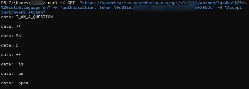 Terminal window displaying a curl GET request to the Smart Answers API endpoint with streaming response data showing parsed answer chunks.