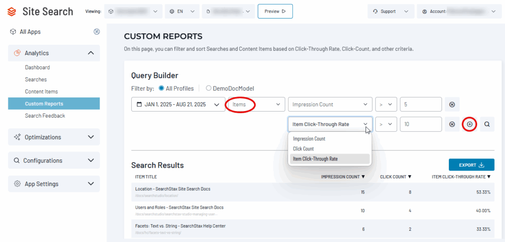 Site Search Custom Reports showing filtering for impressions and clicks on Items.