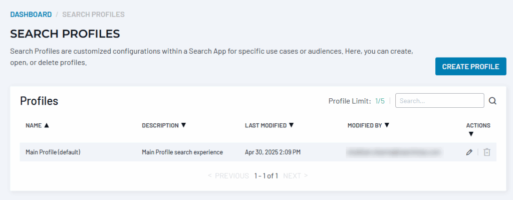Search Profiles dashboard showing a table with one default profile listed, including name, description, last modified date, and available actions.
