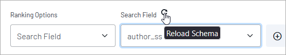 The Ranking Options interface with Search Field dropdown and author_ss field selected, showing the Reload Schema button.