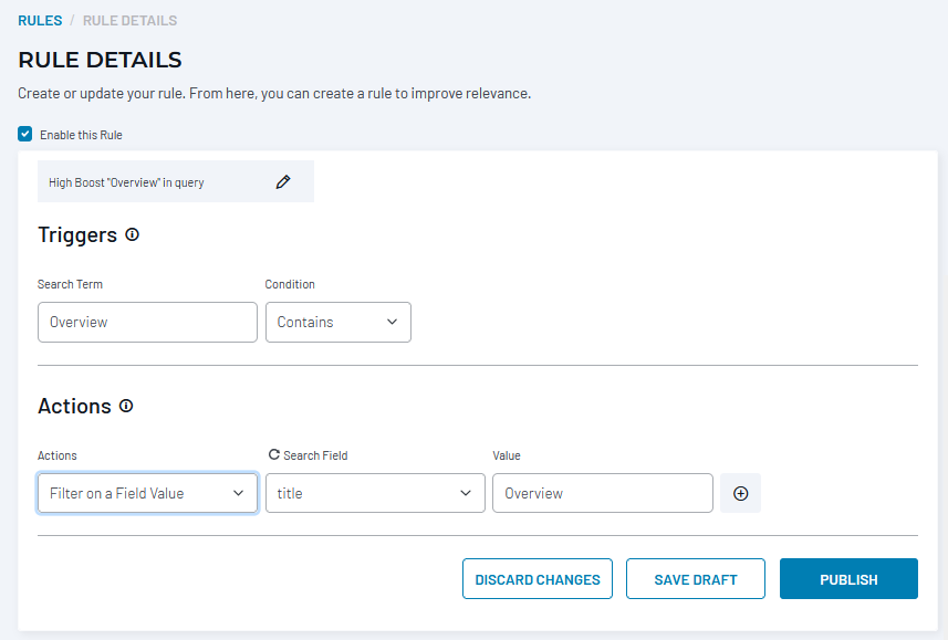 Rule configuration filtering results to documents with Overview in title field