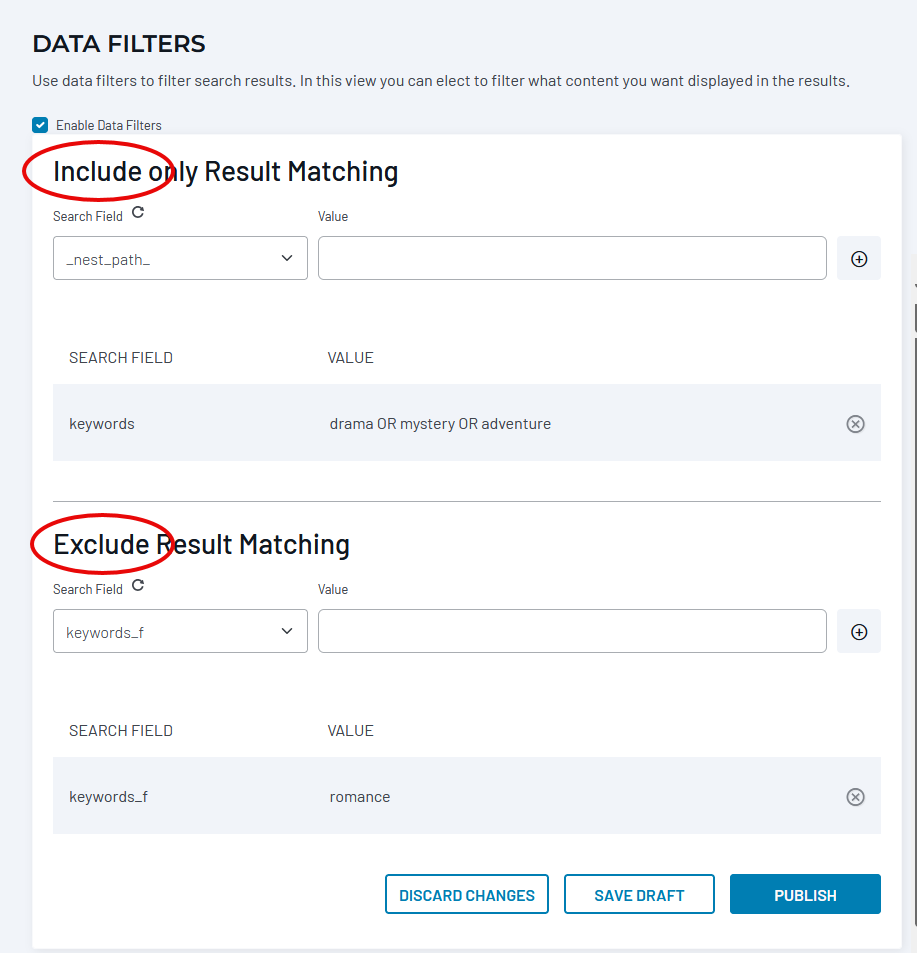 Data filters interface showing include rules for drama/mystery/adventure keywords and exclude rules for romance, with search field configuration options.