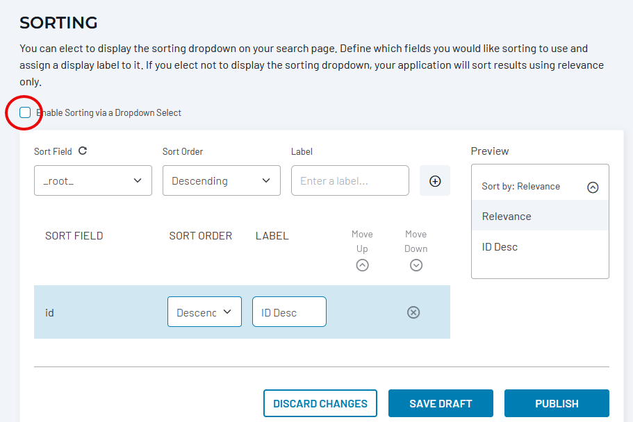 Sorting configuration panel with dropdown menus for sort field, order, and label, plus a preview showing relevance and ID descending options.