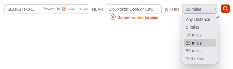 Distance filter dropdown menu with options ranging from any distance to 100 miles, with 25 miles selected as the default.
