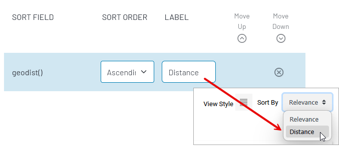The sorting configuration interface showing geodist() function with Ascending sort order and Distance label, plus a dropdown menu displaying Sort By opt...