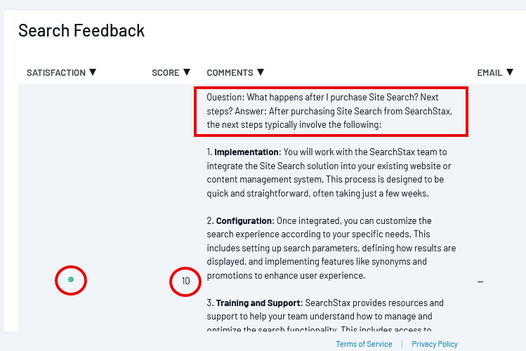 Search Feedback table displaying user questions, AI-generated answers, satisfaction ratings, and configuration steps for implementing Site Search integr...