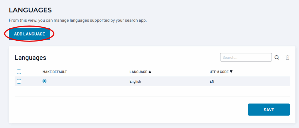 Languages management panel showing the Add Language button and a table with English set as the default language with UTF-8 encoding.
