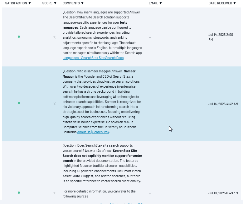 SearchStax Site Search display of Smart Answer responses that received Search Feedback.