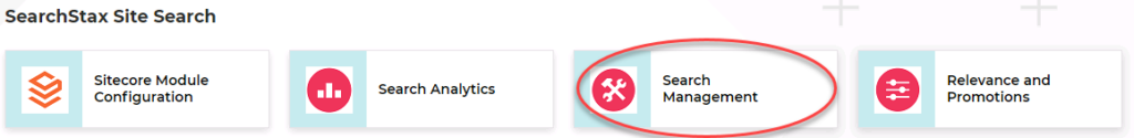 SearchStax Site Search dashboard with four modules: Sitecore Module Configuration, Search Analytics, Search Management highlighted, and Relevance and Pr...
