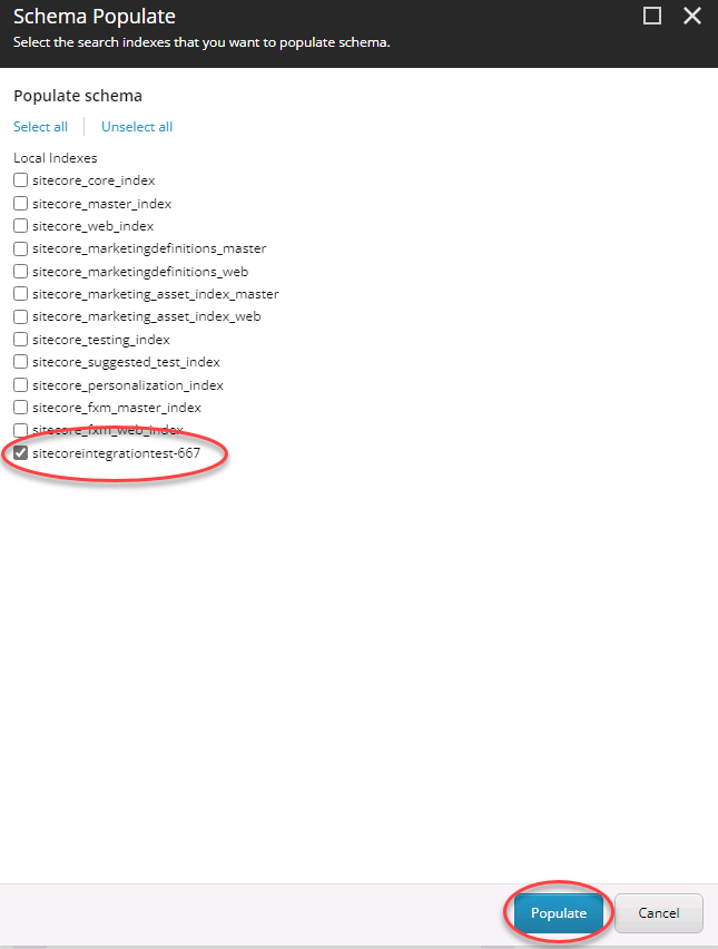 Schema Populate dialog with a list of searchable indexes, showing sitecore_xdb_index_2 checked and highlighted with a red circle, and the Populate butto...