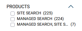 Faceted search configuration panel showing three product types with their associated document counts.