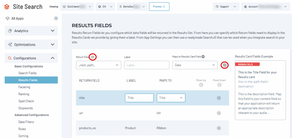 Results Fields configuration panel shows mapping options for title, URL, and product fields with corresponding labels and display settings.