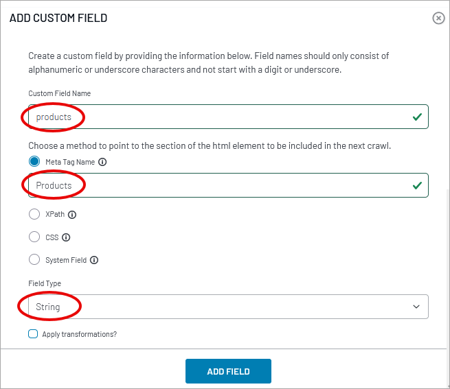 Custom field configuration dialog showing the products field name meta tag selector and string type options.