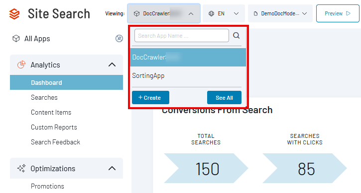 SearchStax Site Search App selection dropdown menu.