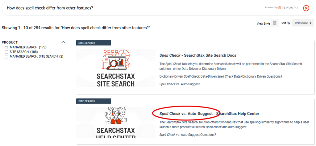 Search results page displaying 284 results for spell check comparison queries, with product filters on the left and two documentation articles highlight...