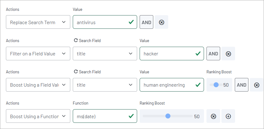 Search rules configuration showing term replacement, field filtering, field boosting, and date-based ranking modifiers for antivirus and security-relate...