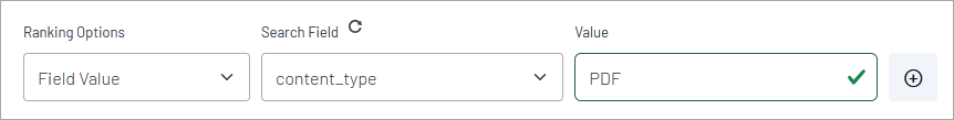 Ranking options panel with Field Value dropdown, content_type search field, and PDF value selected.
