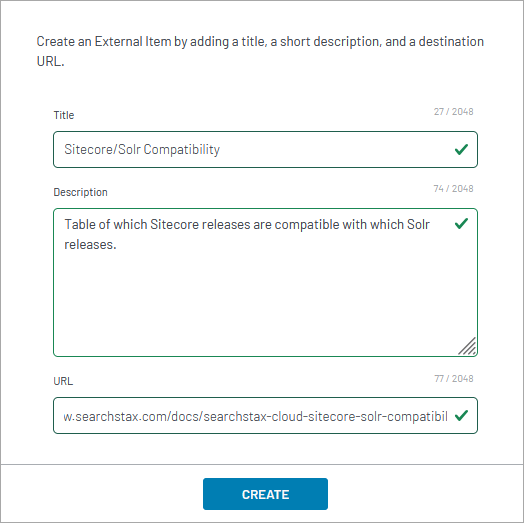 External item creation form with title, description, and URL fields for a Sitecore/Solr compatibility resource.
