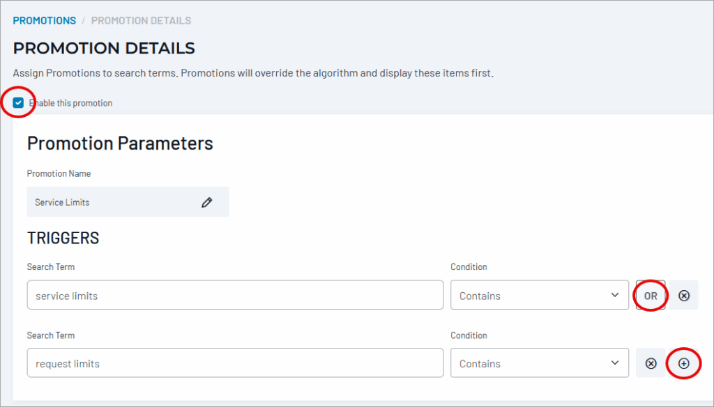 Promotion Details interface showing triggers section with two search terms (