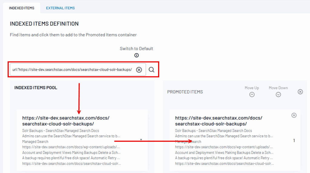 Indexed Items Definition interface showing a search field with a URL query, Indexed Items Pool on the left displaying search results, and Promoted Items...