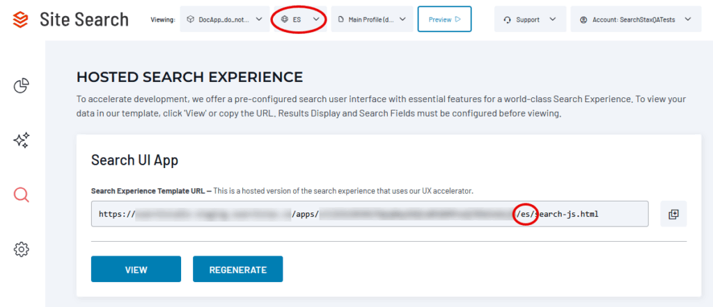 The Hosted Search Experience configuration panel showing the Search UI App URL field with language parameter highlighted in red circle.