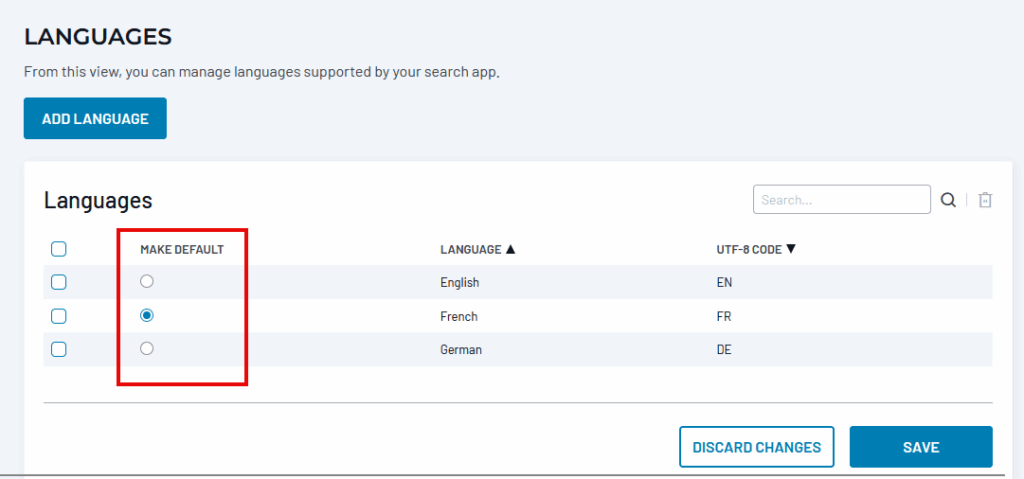 Languages table showing English, French, and German with Make Default radio buttons and a Save button.
