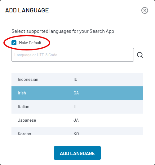 The Add Language window with the Make Default checkbox highlighted and Irish language selected from the supported language list.
